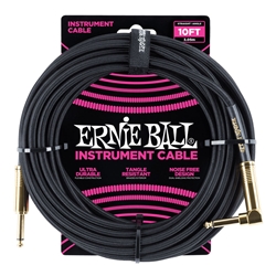 ERNIE BALL Braided Instrument Cable, STR/ANG, 10ft., Black w/Gold Connectors