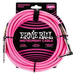 ERNIE BALL Braided Instrument Cable, 10 ft., STR/ANG, Neon Pink